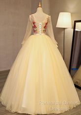 Beautiful Light Yellow Long Sleeves Quinceanera Dress, Ball Gown Sweet 16 Dress